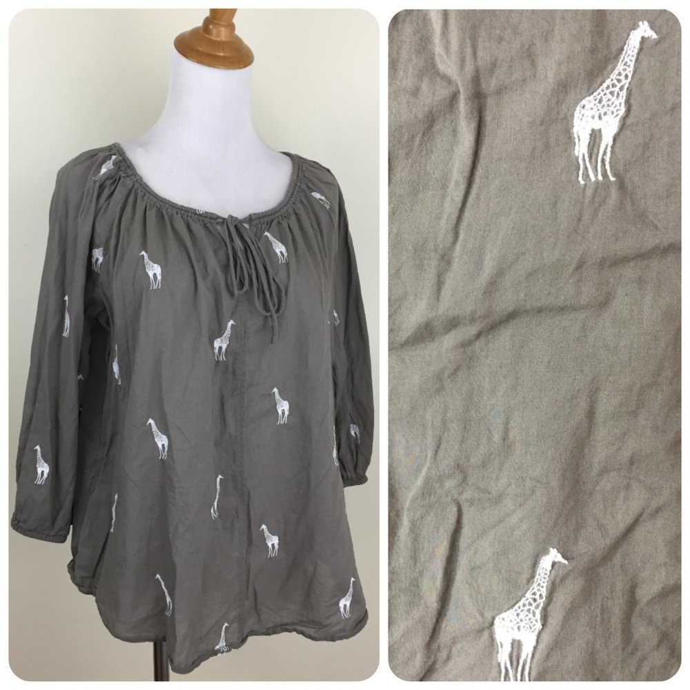 ANN TAYLOR Loft Khaki/Sage White Giraffe Embroidery Tie Collar Loose Fit Shirt